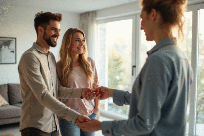 Jeune couple recevant les clés d'un appartement lumineux