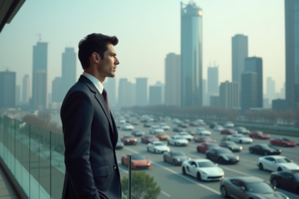 Jeune cadre automobile regardant la ville innovante