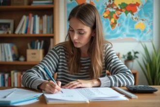 Jeune femme concentrée à étudier dans un bureau lumineux