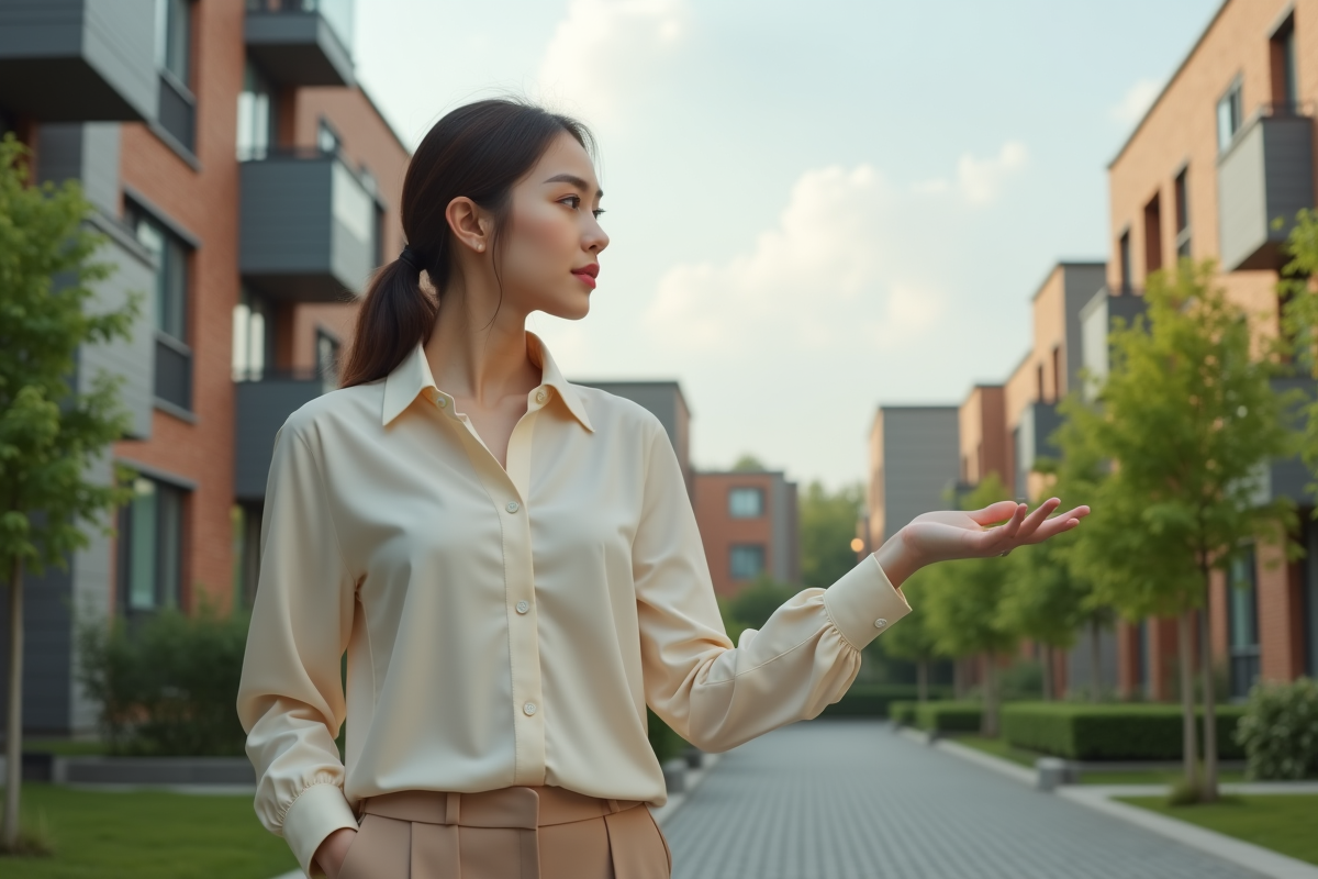 Jeune femme dans un quartier résidentiel observe bâtiments modernes