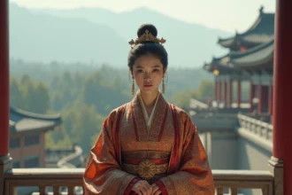 Jeune femme impériale en robes traditionnelles sur un balcon