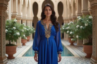 Jeune femme en robe bleue dans un palais oriental