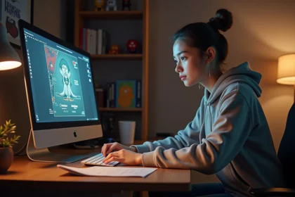 Jeune femme concentrée étudiant notes et guide Silksong