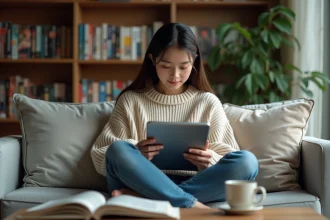 Jeune femme lisant manga sur tablette dans un salon cosy