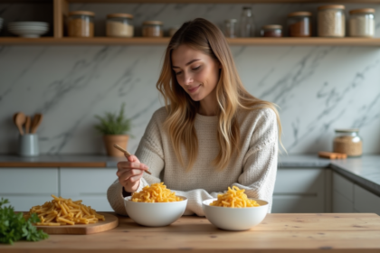 Jeune femme compare deux bols de pâtes à la cuisine