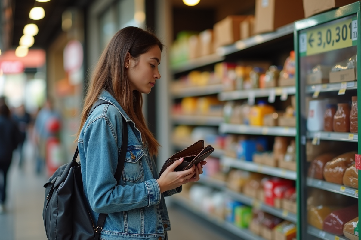 Jeune femme regarde les prix dans une épicerie