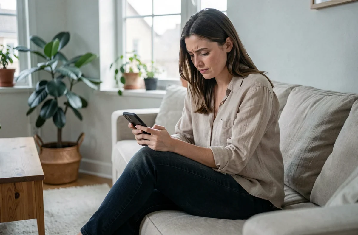 Jeune femme assise sur un canapé consultant son téléphone pour rédiger un message de refus d'invitation avec une expression hésitante