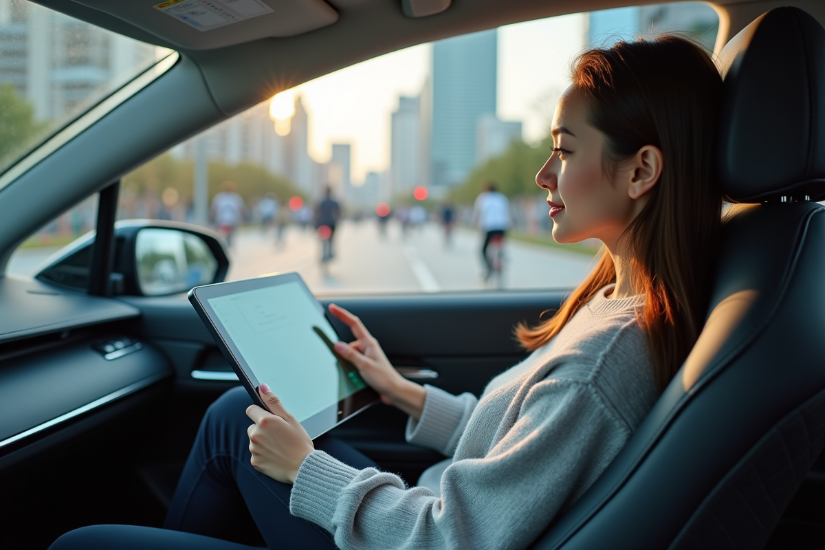 Jeune femme regardant une tablette dans une voiture autonome