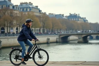Jeune femme à vélo le long de la Seine à Paris