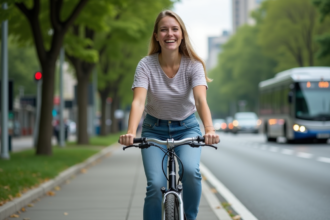 Jeune femme à vélo dans une ville écologique