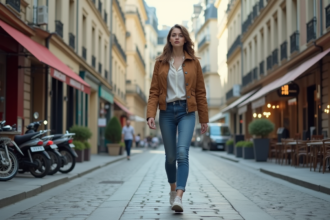 Jeune femme marche dans une rue urbaine française