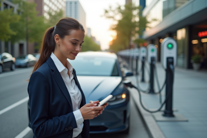 Jeune femme avec voiture hybride en charge en ville