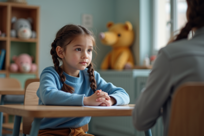Jeune fille assise en conseil scolaire dans une salle accueillante