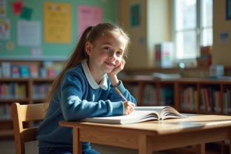 Jeune fille en classe lisant un livre inspirant