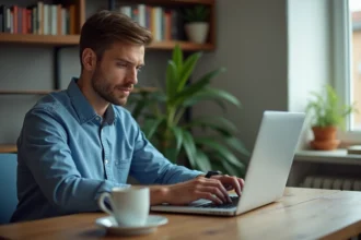 Jeune homme au bureau à la maison utilisant un ordinateur portable