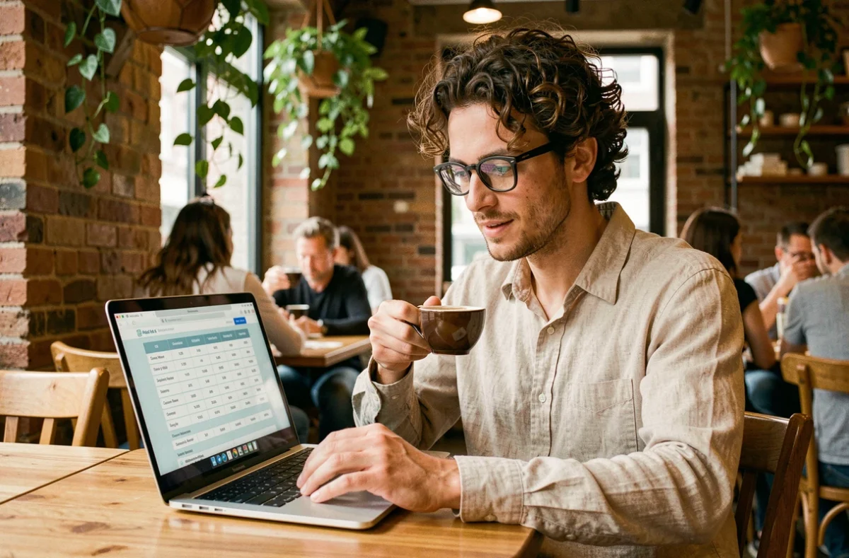 Jeune homme consultant un tableau de conversion m3 sur ordinateur portable dans un café