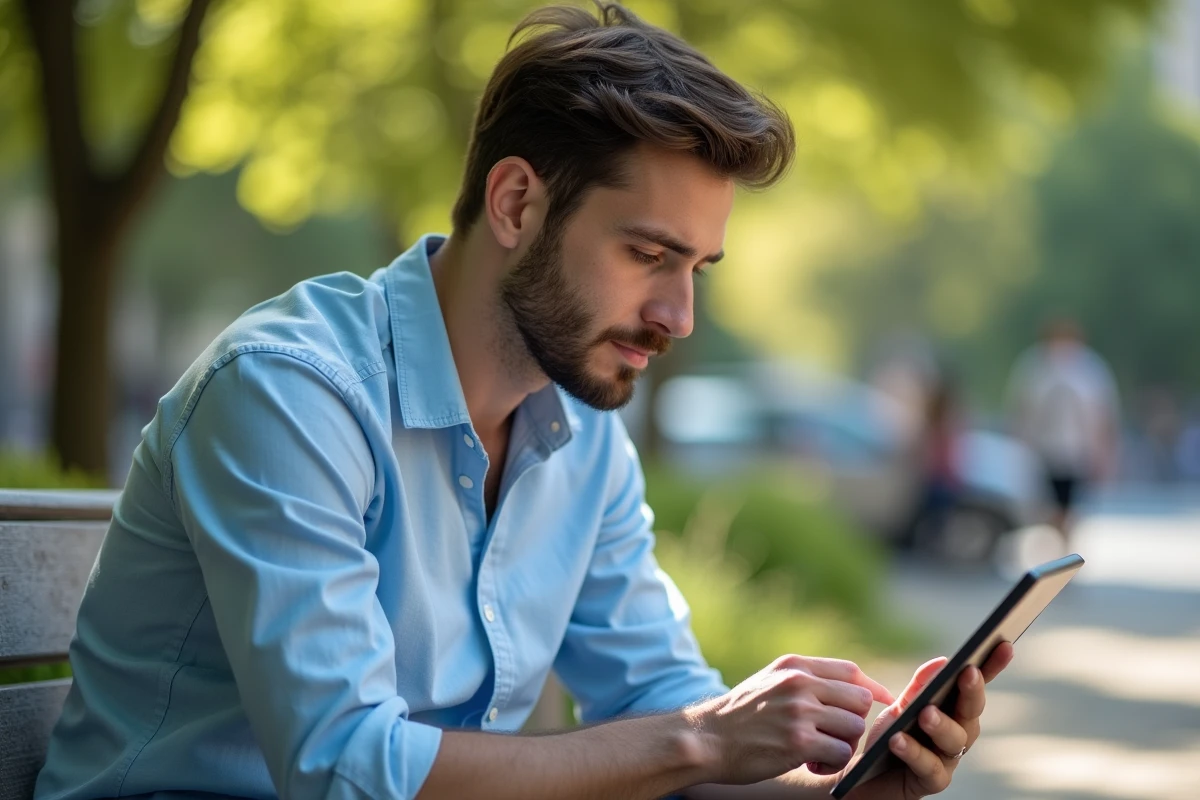 Jeune homme lisant une énigme de mots croises en extérieur