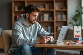 Jeune homme jouant à Monopoly GO sur son ordinateur