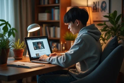 Jeune homme concentré sur son ordinateur portable avec manga
