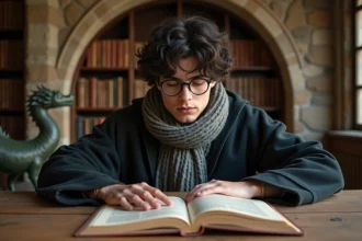 Jeune homme en uniforme lisant un livre illustré sur les dragons