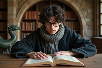 Jeune homme en uniforme lisant un livre illustré sur les dragons