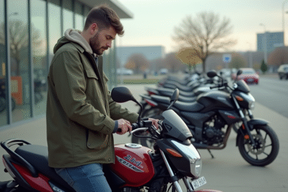 Jeune homme examine une moto 125cc neuve à l'extérieur