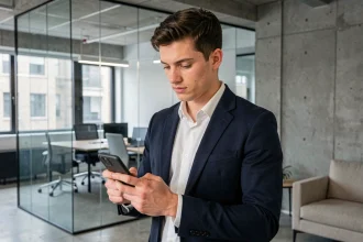 Jeune homme politique consultant son compte Instagram sur smartphone dans un bureau moderne