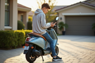 Adolescent souriant sur scooter dans la rue résidentielle