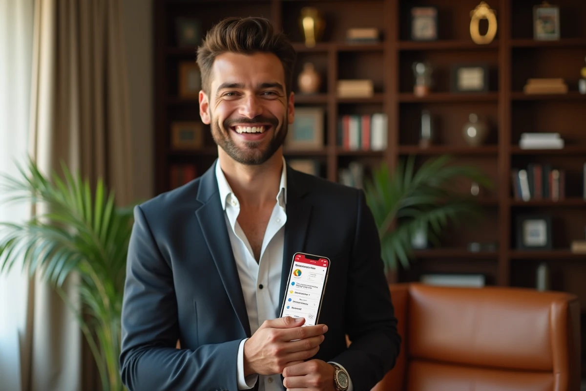 Jeune homme souriant utilisant une application Monopoly sur smartphone