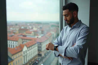 Jeune homme d'affaires à Toulouse regardant sa montre