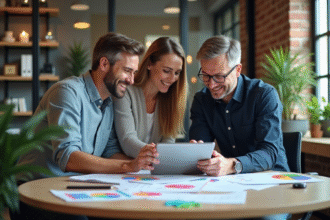 Groupe d'entrepreneurs collaborant autour d'une tablette