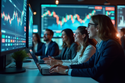 Groupe de jeunes professionnels célébrant devant des écrans de bourse