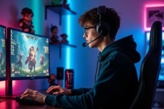 Joueur de League of Legends concentré devant son setup gaming à double écran dans une chambre aménagée