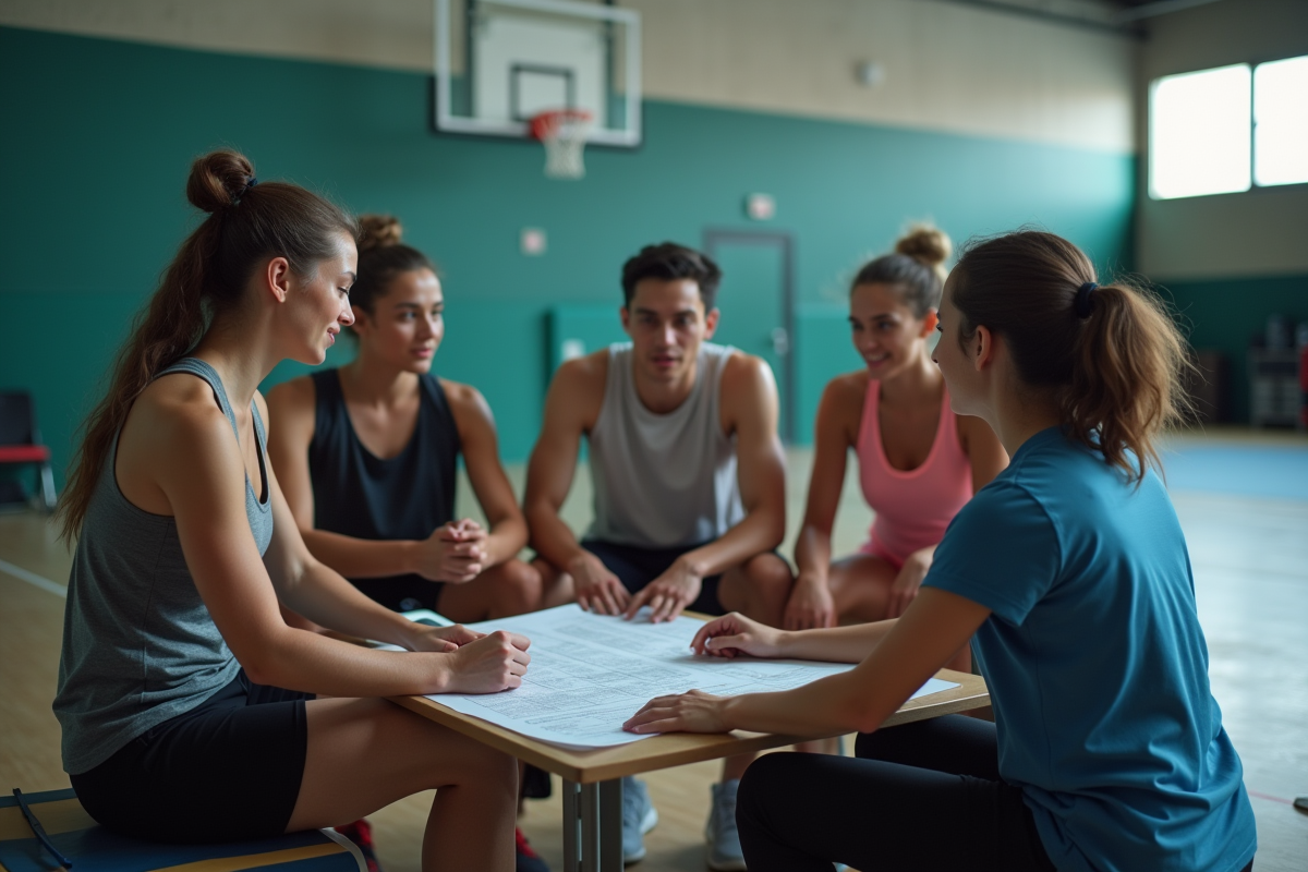 Kinésithéologue expliquant un plan de mouvement à des jeunes