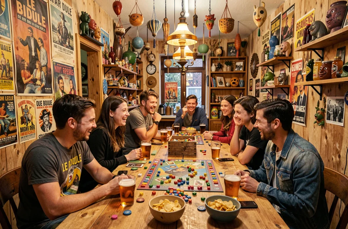 Groupe de jeunes jouant à des jeux de société dans l'atmosphère décalée du bar Le Bidule
