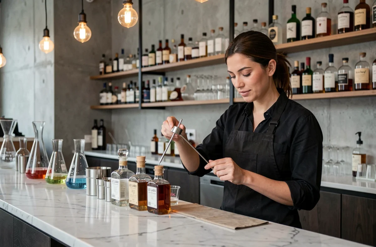 Bartender au Labo à Nantes préparant un cocktail artisanal derrière un comptoir en marbre