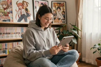Jeune femme lisant un manhwa sur tablette dans une chambre décorée de mangas et de webtoons