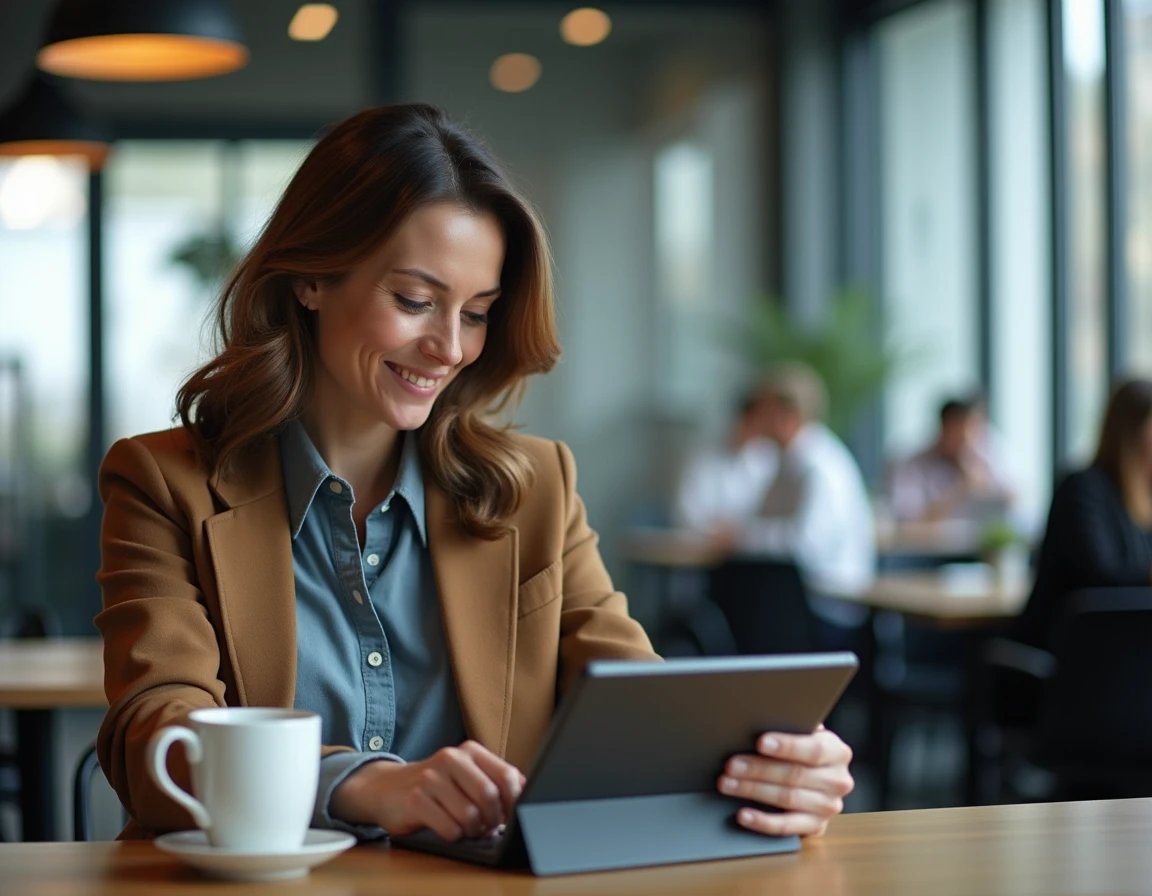 Femme lisant un blog d'actualité sur tablette dans un espace de coworking moderne avec grandes fenêtres industrielles