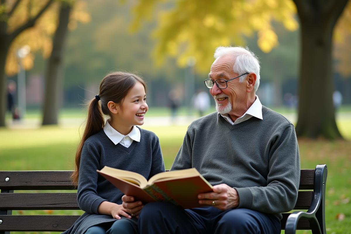 Enfant et senior lisant un livre dans un parc