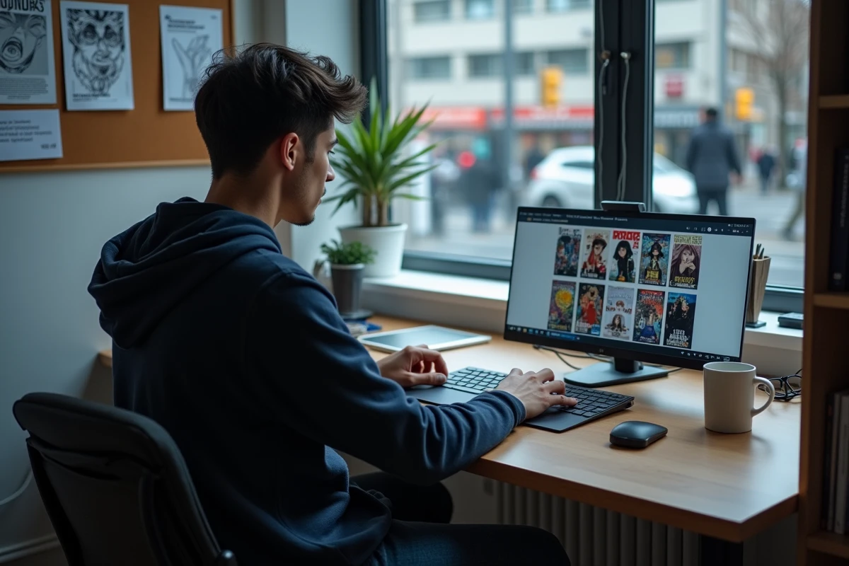 Homme adulte lisant des mangas sur un ordinateur portable dans un bureau à domicile moderne avec une vue urbaine