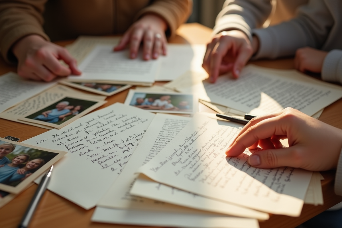 Lettres écrites à la main et photos de famille sur une table en bois