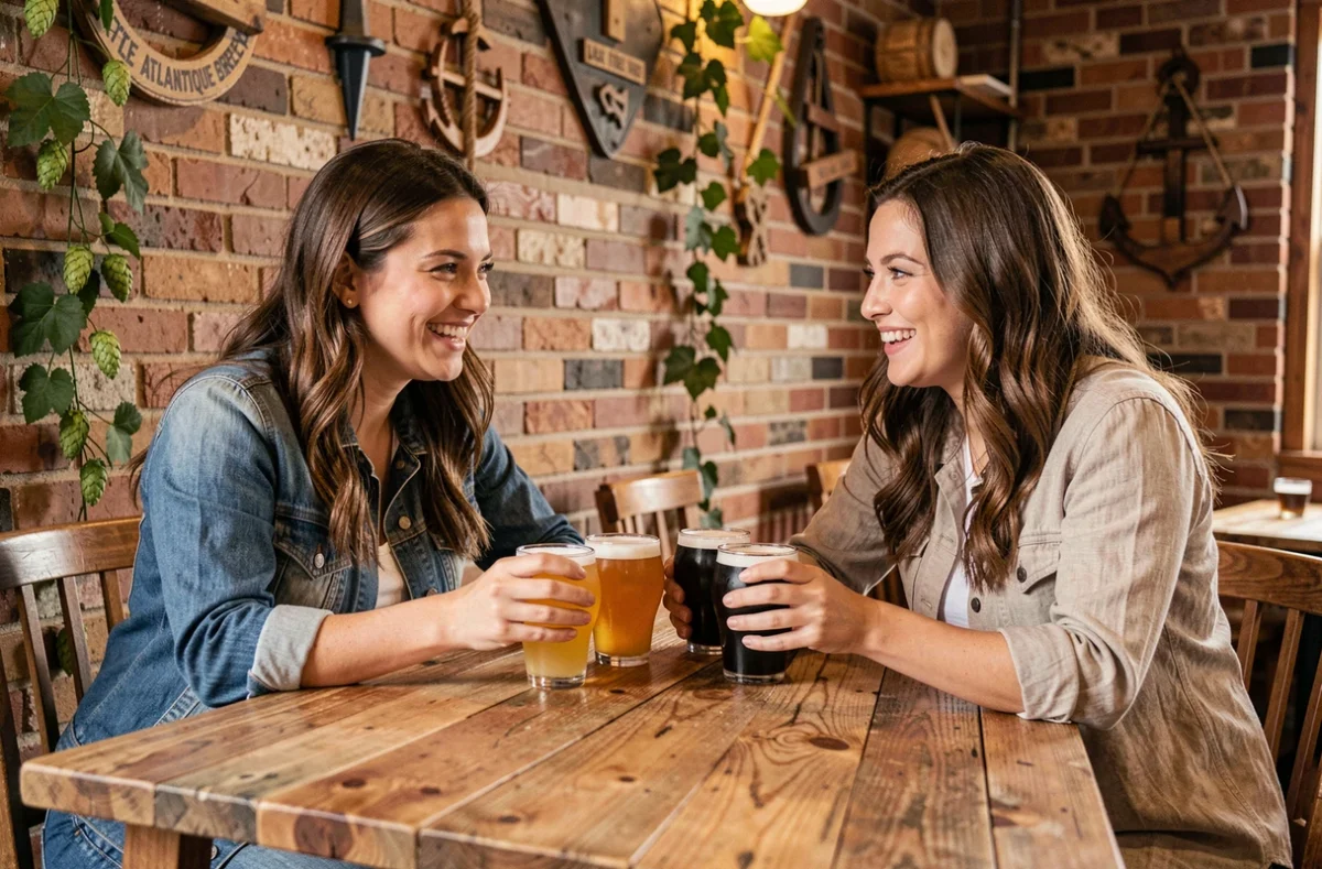 Deux amies dégustant un assortiment de bières artisanales à la Little Atlantique Brewery