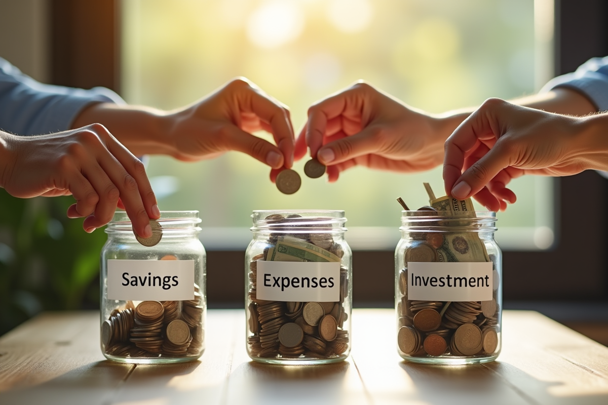 Mains plaçant des pièces et billets dans des jars