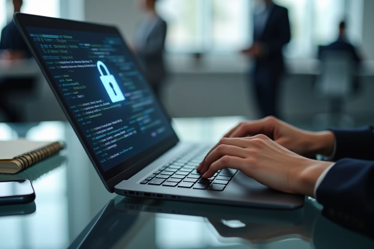 Gros plan de mains tapant sur un clavier d'ordinateur portable avec un cadenas numérique à l'écran, symbolisant la protection des données personnelles et la cybersécurité