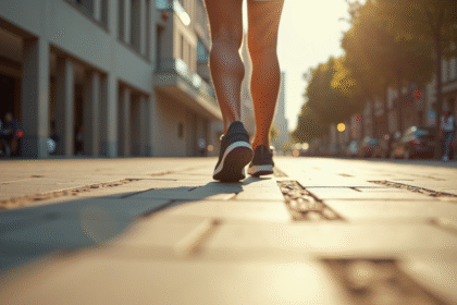 Jambes et pieds marchant rapidement sur un trottoir ensoleille