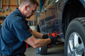 Mécanicien homme installant un bushing rouge dans un garage