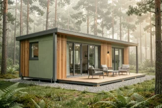 Mobil-home design français à ossature bois avec grande baie vitrée panoramique dans un cadre forestier verdoyant