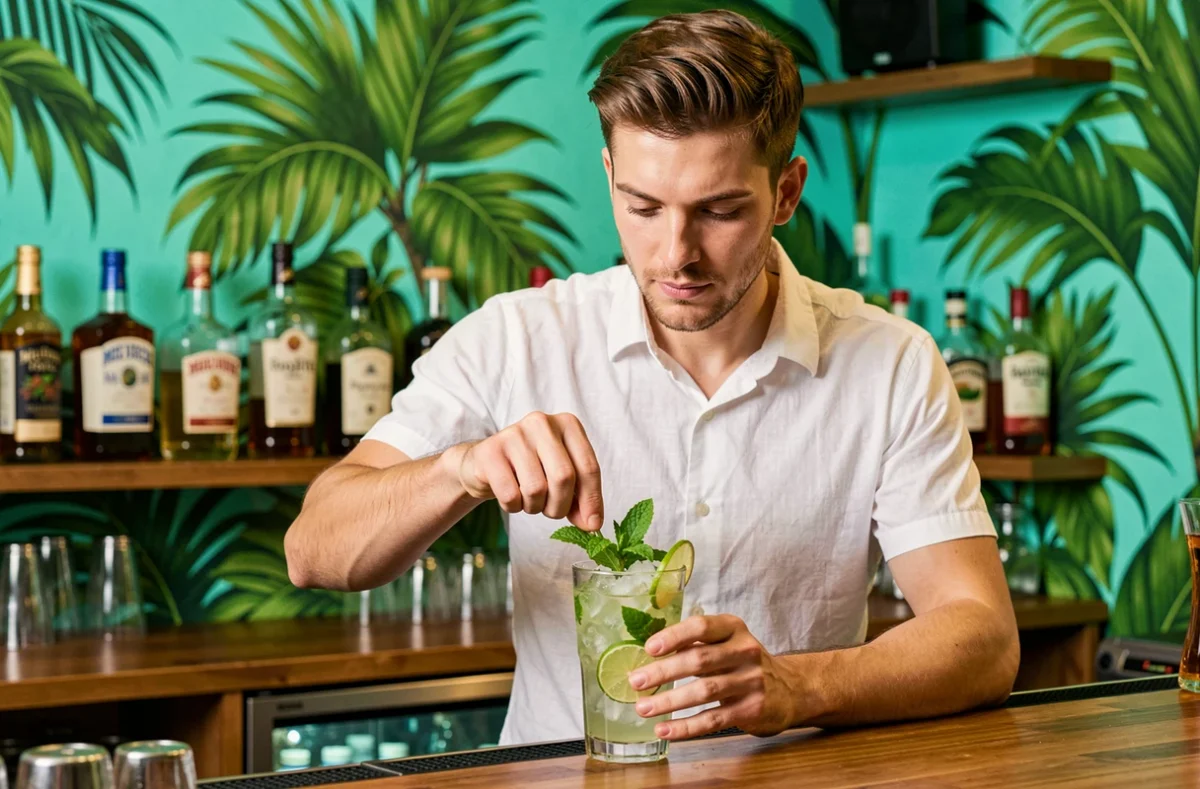 Barman préparant un mojito frais au Mojito Royal avec des feuilles de menthe et de la glace pilée