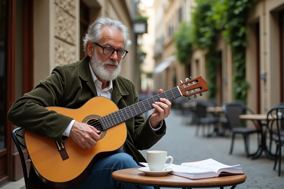 Musicien jouant des arpèges de Mistral Gagnant à la guitare classique en terrasse de café