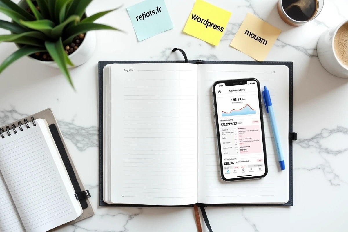 Vue de dessus d'un bureau avec notes manuscrites et smartphone comparant des plateformes de blog françaises en 2026